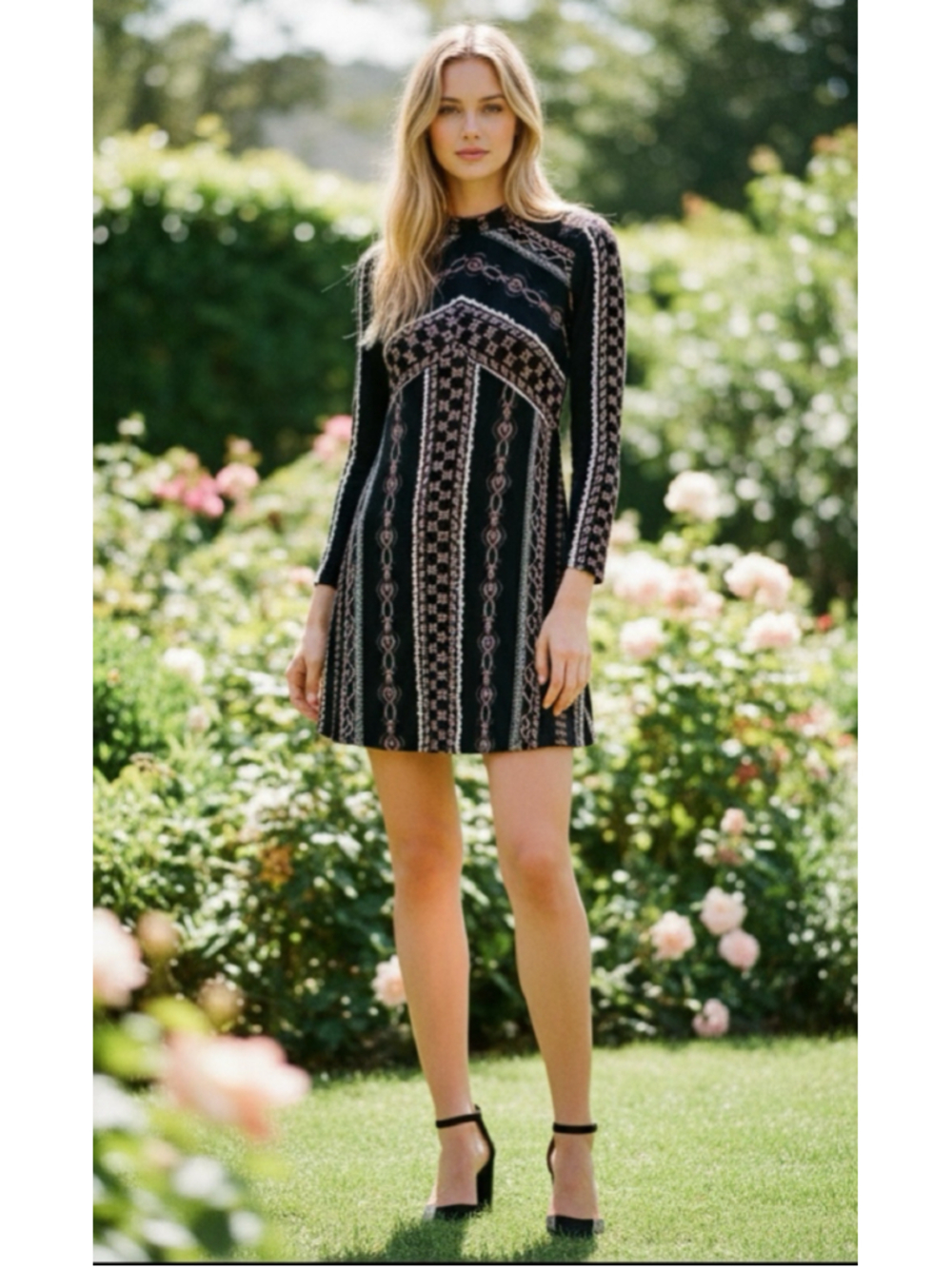 Free People Stella Geometric Mini Dress XS | Mock Neck | Long Sleeve | Back Zip